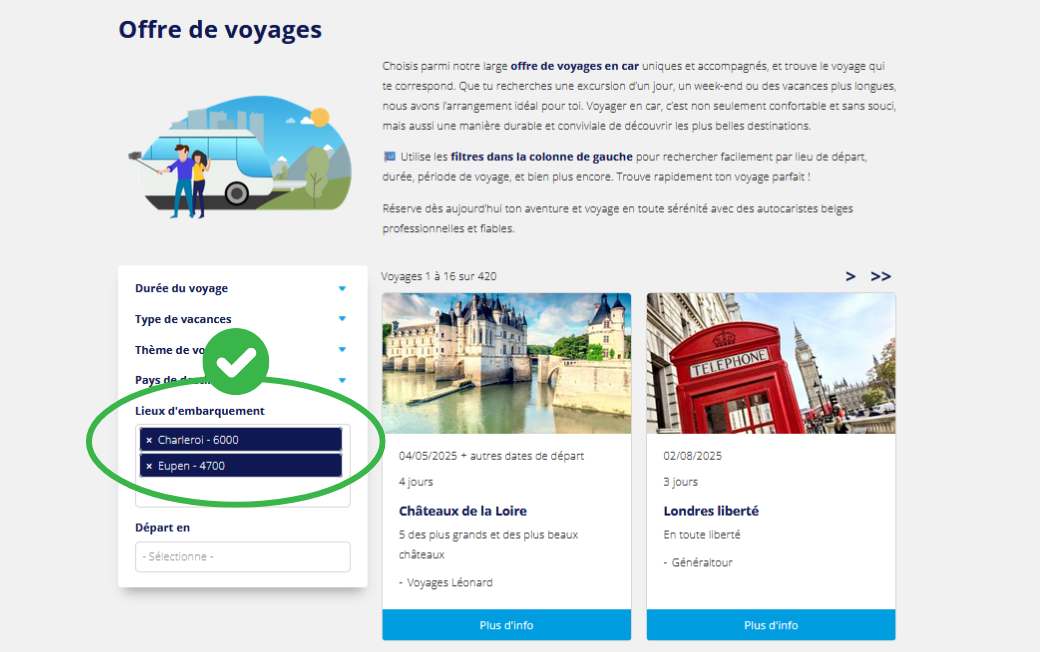 filtrer par lieu d'embarquement succès