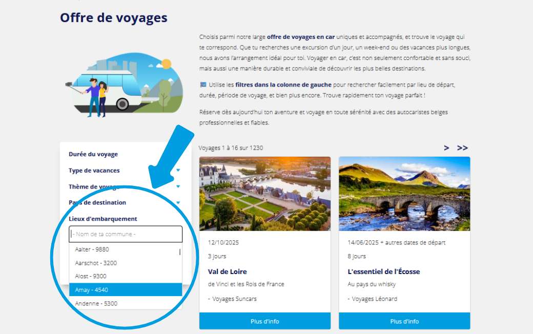 filtrer par lieu d'embarquement