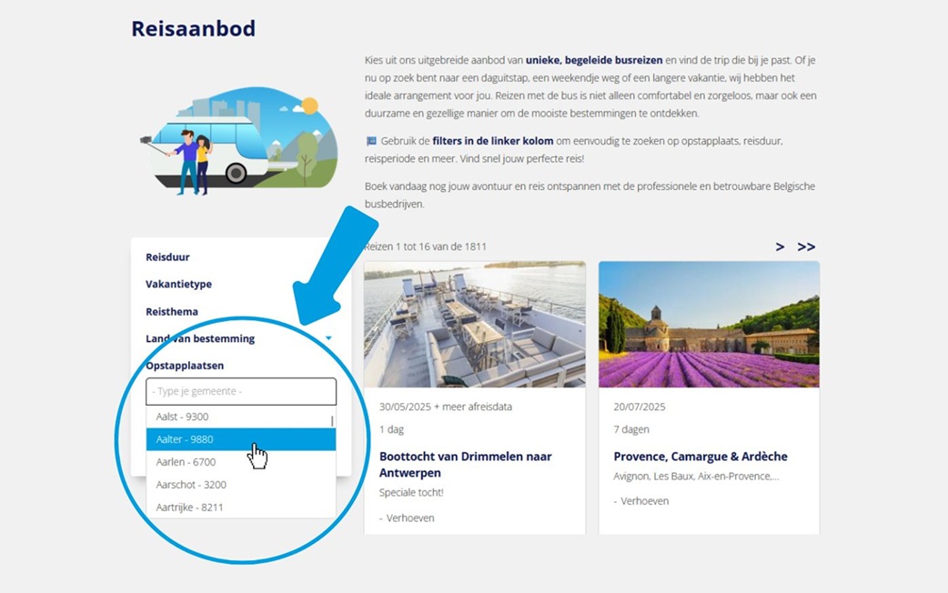 opstapplaats selecteren in de filters